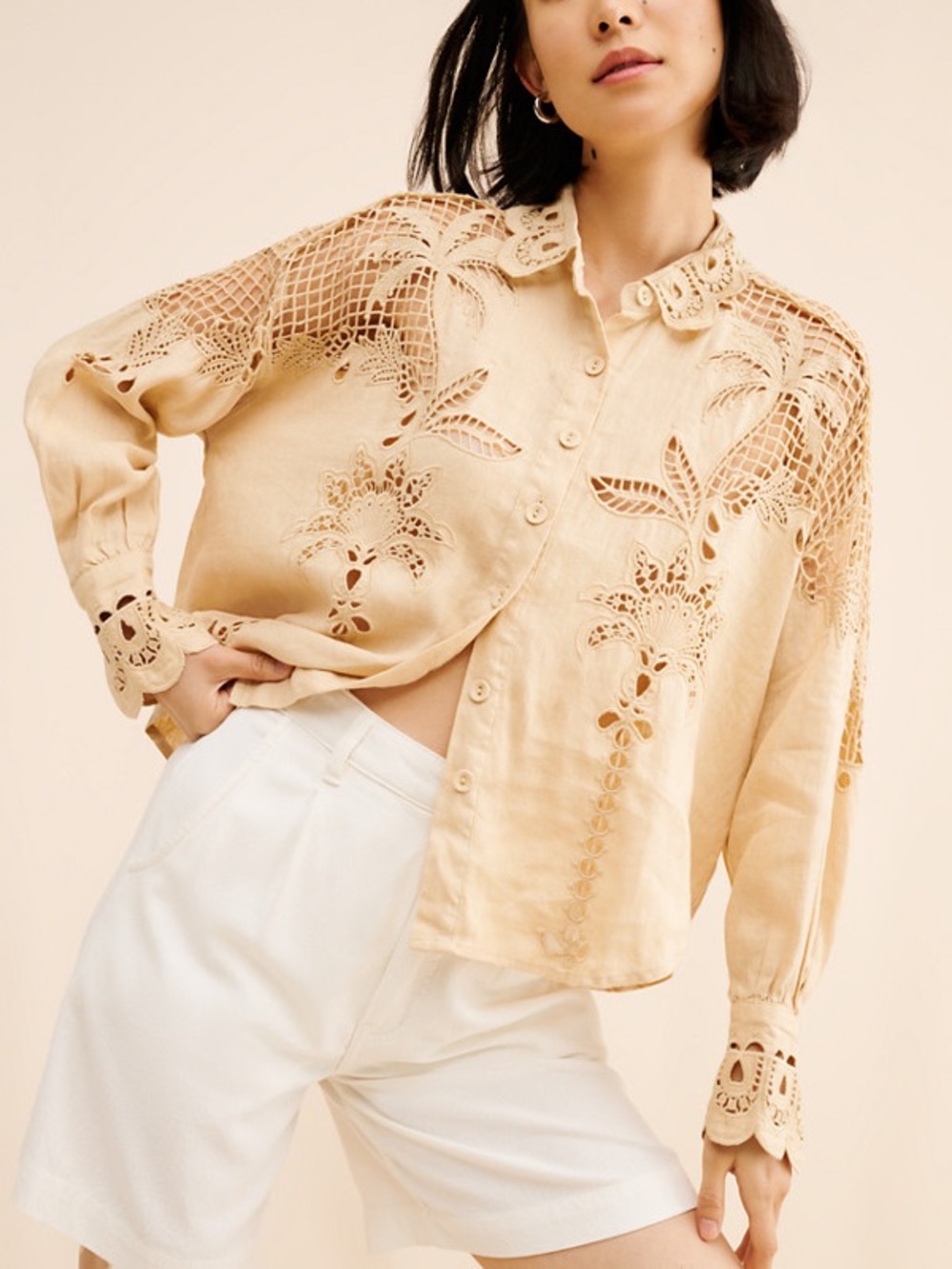 Farm Rio Linen Palms Richelieu Long Sleeve Blouse